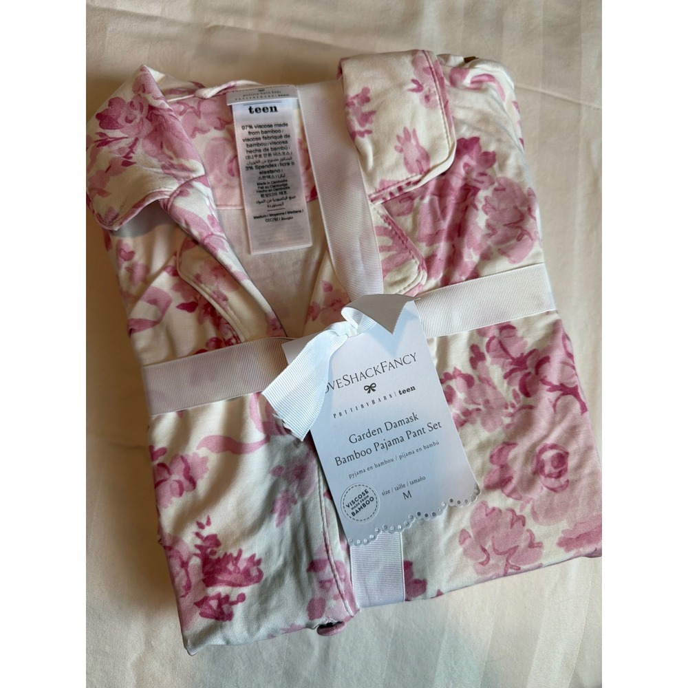 LoveShackFancy Pottery Barn Teen Garden Damask Bamboo Pajama Set Pink White M